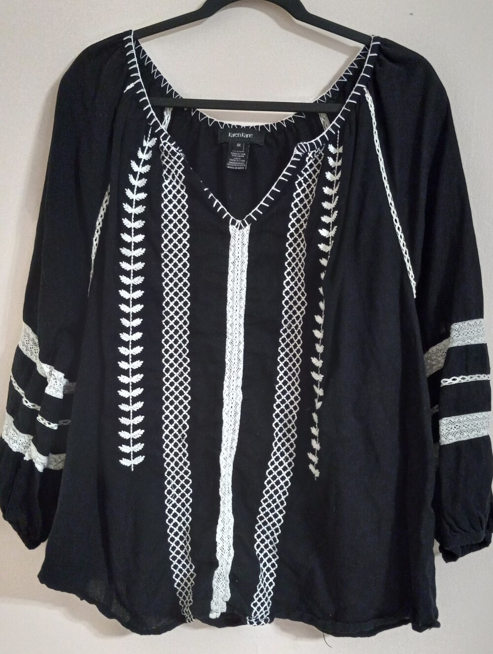 Karen Kane 3X Black Top with White Embroidered And Lace Detail 100% COTTON
